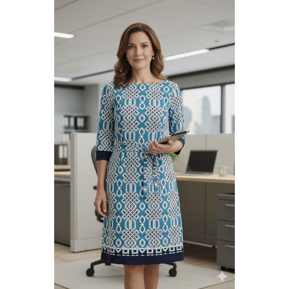 Abstract Print Career‎ Dress Teal White Navy 3/4 Sleeve Office
